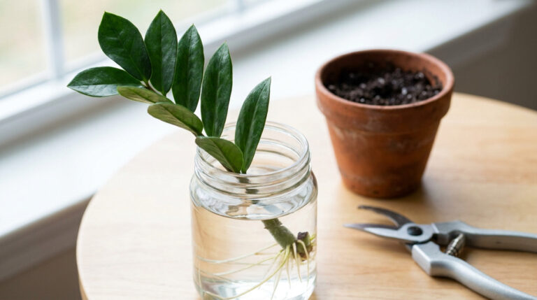 Une tige de Zamioculcas avec des racines dans un bocal en verre sur une table près d'un pot de fleurs et d'un sécateur.