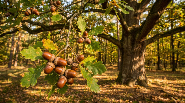 Gros plan sur une branche de chêne chargée de glands mûrs et de feuilles vertes, avec une forêt en arrière-plan.