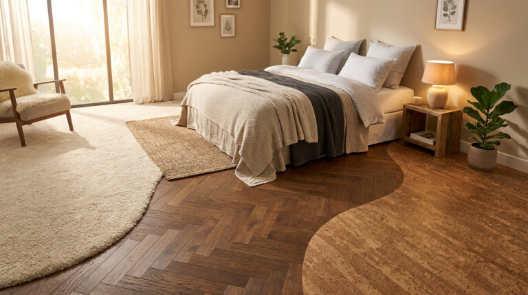 Chambre lumineuse mélangeant parquet en chevron, moquette douce et liège avec un lit confortable.