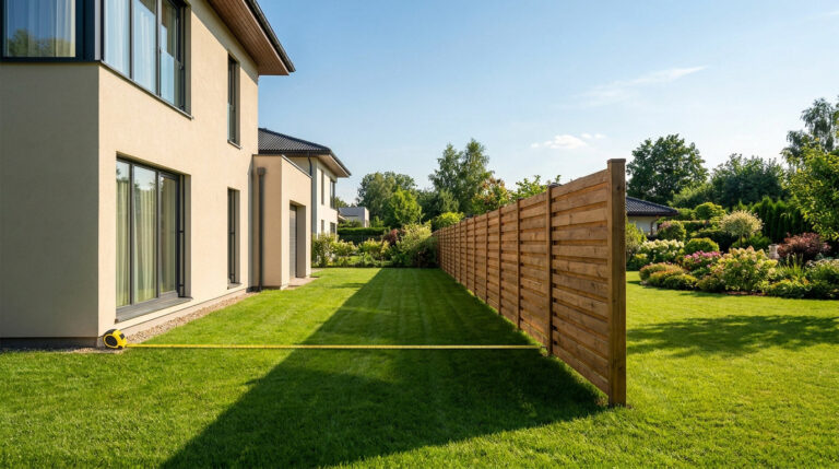 Mètre ruban mesurant la distance entre une maison moderne et une clôture en bois dans un jardin verdoyant.