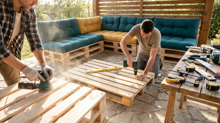Deux hommes fabriquent un canapé de jardin en palettes de bois avec une ponceuse et une visseuse sur une terrasse.