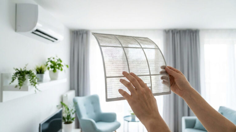 Mains tenant un filtre de climatiseur sale retiré d'une unité murale dans un salon lumineux.