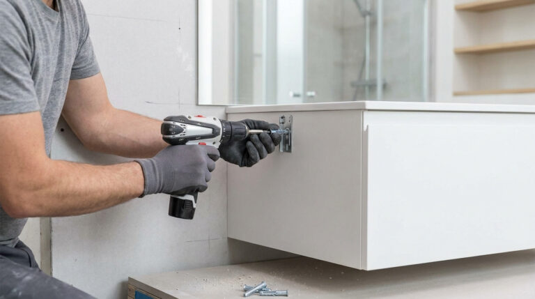 Un bricoleur utilise une perceuse-visseuse pour fixer un meuble suspendu sur une cloison en placo.