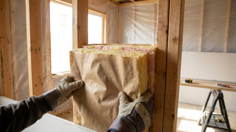 Mains gantées installant un panneau de laine de verre avec revêtement kraft dans une ossature en bois.