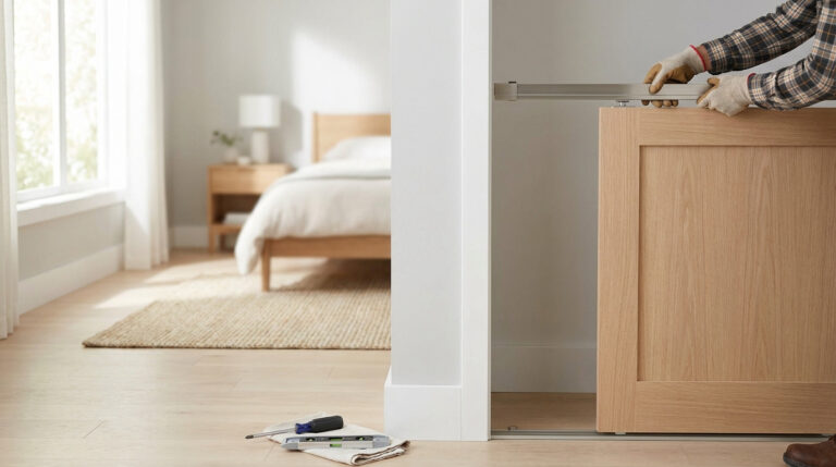 Un bricoleur en gants installe une porte de placard coulissante en bois clair dans une chambre lumineuse.