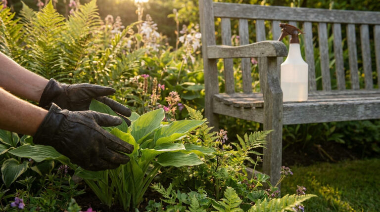 Personne avec des gants de jardinage examinant des feuilles de plantes près d'un banc en bois avec un vaporisateur.
