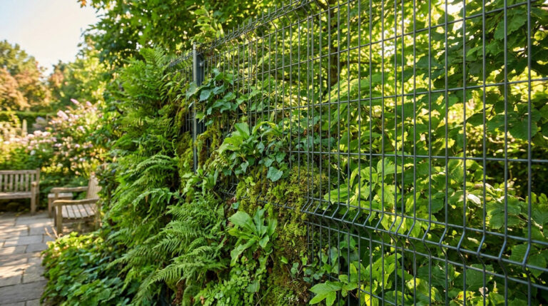 Mur végétal luxuriant composé de fougères et de mousse fixé sur un grillage métallique dans un jardin ensoleillé.
