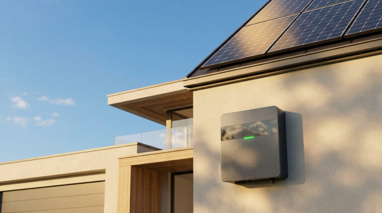 Onduleur solaire moderne installé sur le mur extérieur d'une maison avec des panneaux photovoltaïques sur le toit.