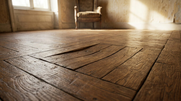 Gros plan sur un parquet en bois ancien présentant une déformation et des lattes qui s'enfoncent dans une pièce lumineuse.