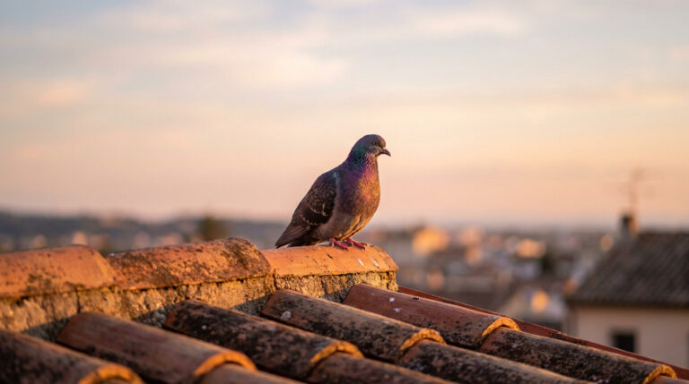 Un pigeon aux reflets irisés perché sur le faîte d'un toit en tuiles anciennes sous une lumière dorée.