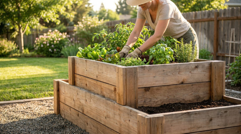Une femme jardine dans un potager surélevé en bois dans un jardin ensoleillé.