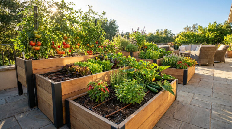 Potager en bacs surélevés en bois avec tomates, laitues et courgettes sur une terrasse ensoleillée.