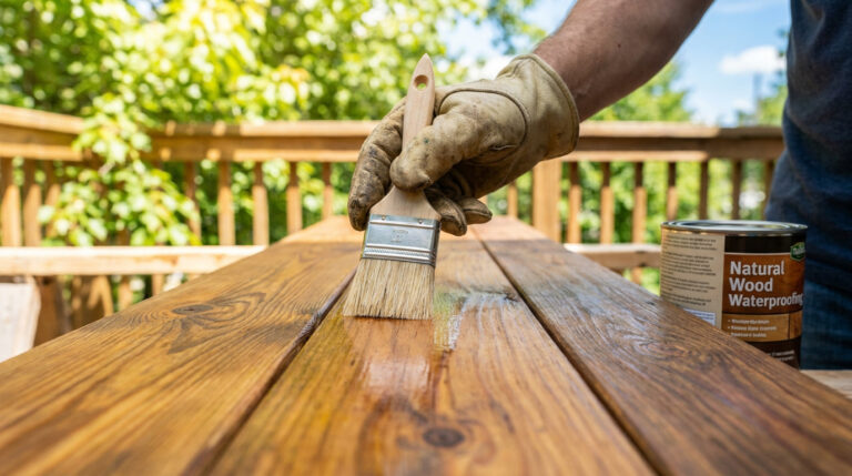 Une main gantée applique un produit imperméabilisant sur une planche en bois à l'extérieur.