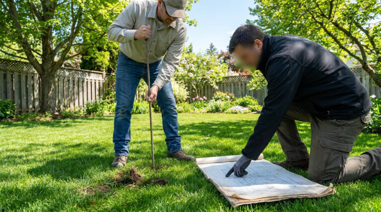 Deux hommes inspectent le sol avec une tige métallique et un plan pour localiser une fosse septique dans un jardin.