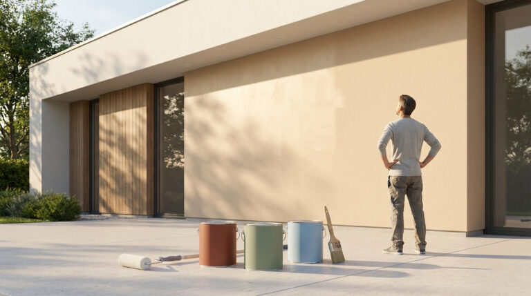 Un homme regarde un mur extérieur avec trois pots de peinture colorés et des outils au sol.