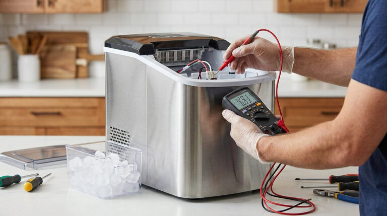 Un technicien teste les composants électriques d'une machine à glaçons en inox avec un multimètre dans une cuisine.