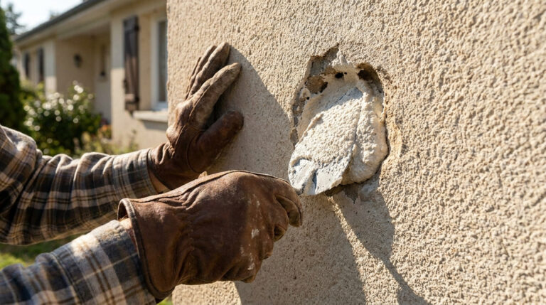 Mains gantées appliquant de l'enduit avec une truelle pour boucher un trou sur un mur en crépi beige.