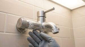Une main gantée touche un mitigeur de douche en acier inoxydable recouvert de dépôts de calcaire blanc.