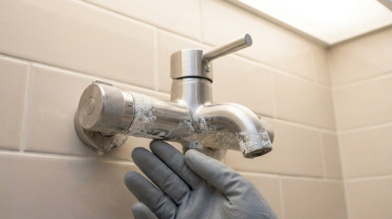 Une main gantée touche un mitigeur de douche en acier inoxydable recouvert de dépôts de calcaire blanc.