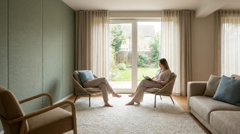 Femme lisant dans un salon moderne avec des panneaux acoustiques muraux et de grandes baies vitrées donnant sur un jardin.