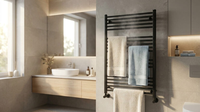 Sèche-serviette noir design avec des serviettes chaudes dans une salle de bain moderne et lumineuse.