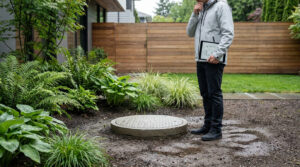 Un professionnel avec une tablette inspecte une trappe d'accès au jardin près d'un puits perdu.