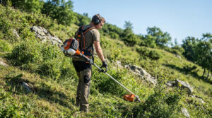 Homme utilisant une débroussailleuse à dos professionnelle sur un talus herbeux en pente.