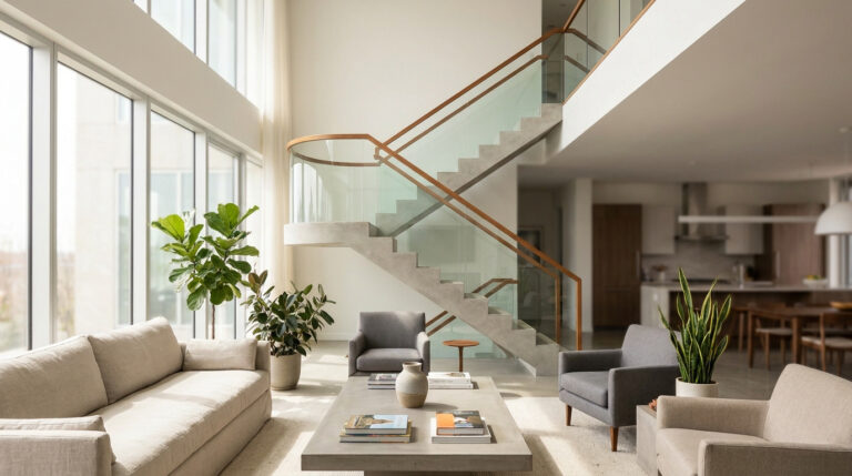 Salon lumineux avec un escalier central en béton et verre, entouré de plantes et de mobilier contemporain.
