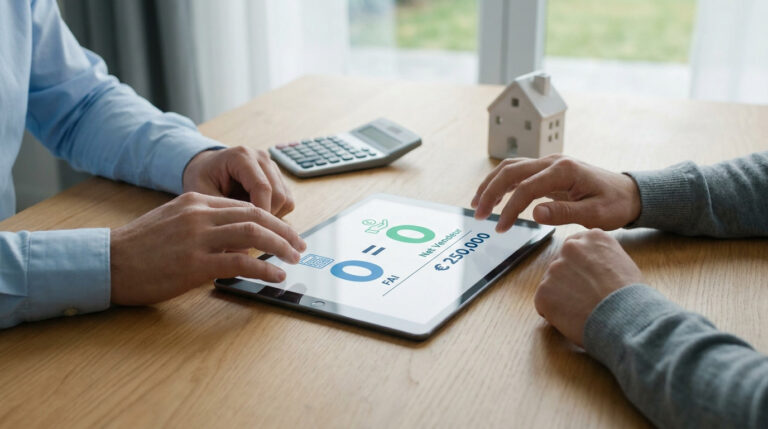 Deux personnes discutent de la commission immobilière sur une tablette avec une calculatrice et une maison miniature.