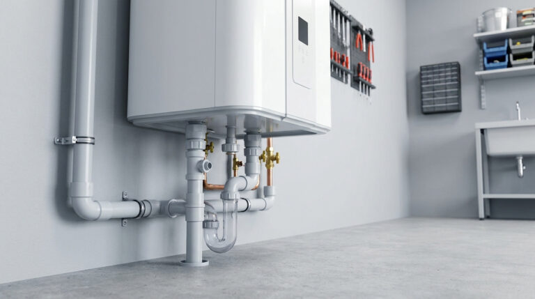 Vue rapprochée de la tuyauterie et du siphon d'évacuation sous un chauffe-eau thermodynamique fixé au mur.