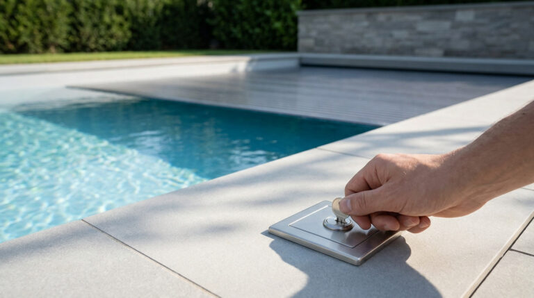 Main tournant une clé dans un interrupteur encastré sur le bord d'une piscine avec volet roulant de sécurité.