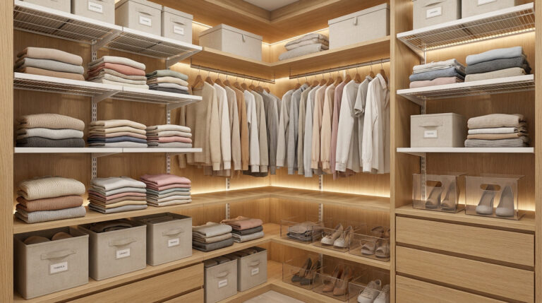 Dressing en bois organisé avec des étagères, des cintres et des boîtes de rangement élégantes sous un éclairage LED.