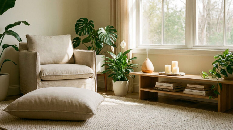 Un fauteuil confortable avec un coussin au sol, entouré de plantes d'intérieur et d'un diffuseur de parfum près d'une fenêtre.