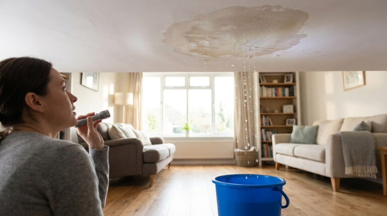Une femme utilise une lampe de poche pour inspecter une fuite d'eau au plafond au-dessus d'un seau bleu.