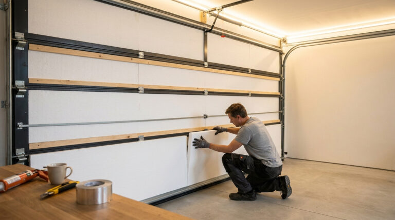 Un homme installe des panneaux de polystyrène isolants sur une porte de garage sectionnelle en métal.