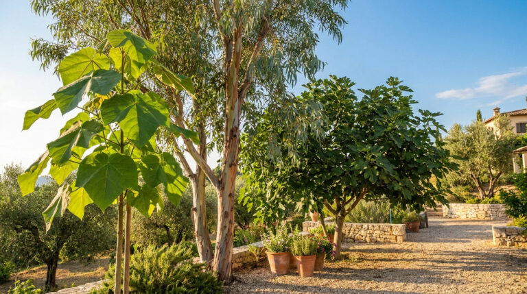 Un jardin méditerranéen ensoleillé avec un Paulownia, un eucalyptus et un figuier au premier plan.