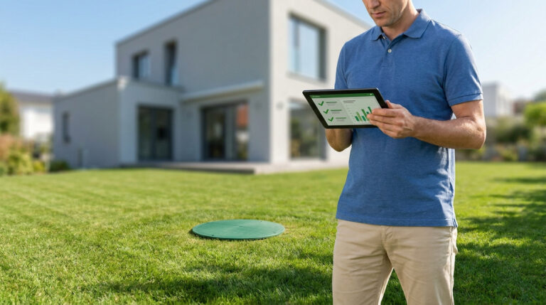 Un technicien vérifiant l'état d'une fosse septique sur une tablette devant une maison moderne.