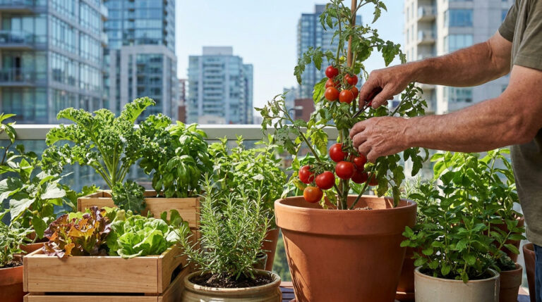 Un jardinier récolte des tomates cerises sur un balcon urbain entouré de plantes aromatiques.