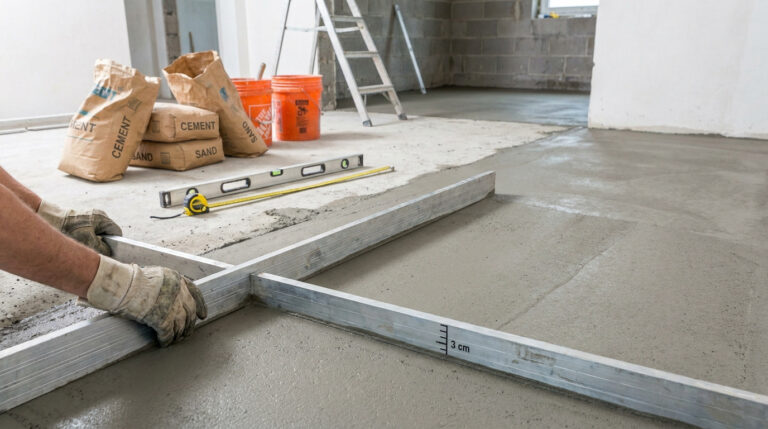 Un ouvrier utilise une règle de maçon pour niveler une chape de béton fraîche dans une maison en construction.