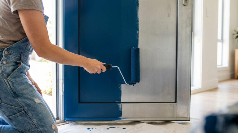 Une personne en salopette peint une porte d'entrée en aluminium avec un rouleau de peinture bleu.