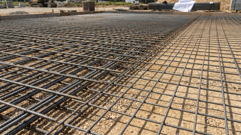 Grillage métallique en acier posé sur le sol d'un chantier de construction avant le coulage d'une dalle en béton.