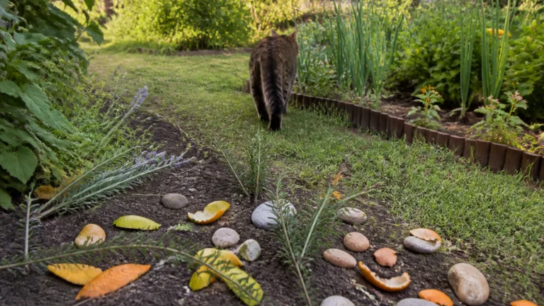 Illustration éditoriale pour l’article « Comment faire fuir les chats de votre jardin durablement »