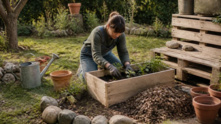 Illustration éditoriale pour l’article « Comment refaire son jardin gratuitement : astuces et récup »