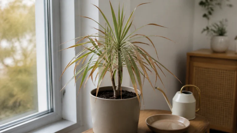 Illustration éditoriale pour l’article « Dracaena marginata feuilles marron : causes et solutions »